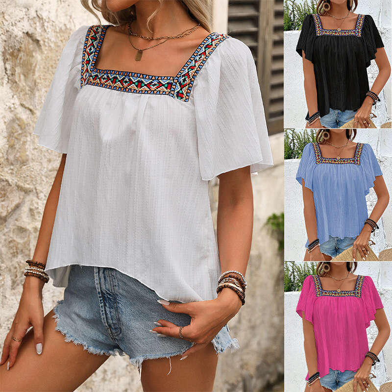 Cross-Border Foreign Trade European and American Summer Vacation Lace Embroidery Square Neck Shirt Pullover Ruffle Short Sleeve Backless Blouse Women&