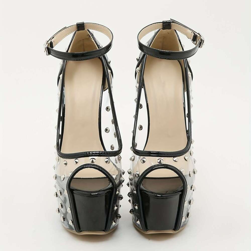 Women's Rivet Decor Platform Summer Peep Toe Ankle Buckle Strap Stiletto High Heel Transparent Shoes, Sexy Party Shoes