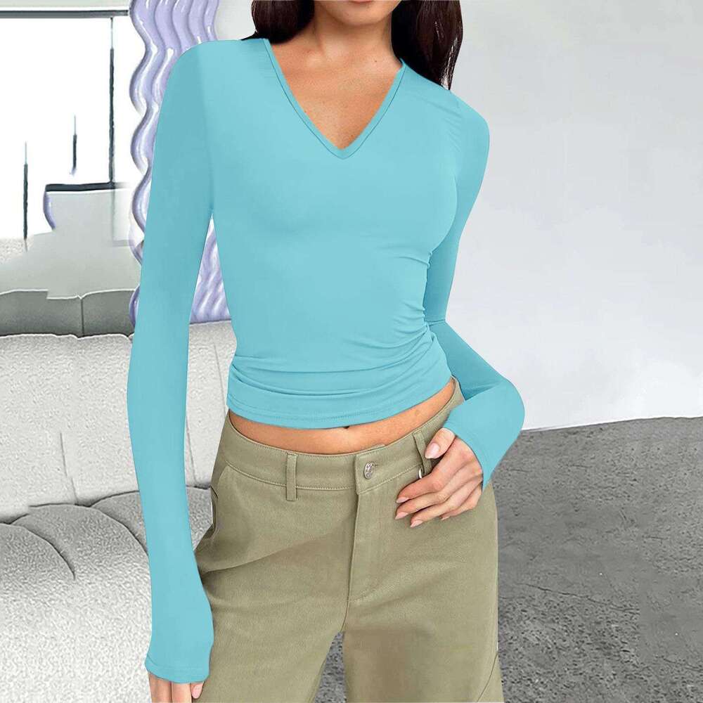 Autumn Winter European American Amazon New Wish Women's V-Neck Long Sleeve Basic Slim Fit Versatile T-Shirt Top for Women