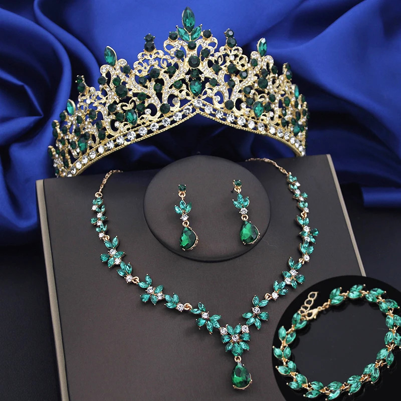 4 Pcs Lime Green Crown Jewelry Sets for Women Fashion Tiaras Bracelets Earrings and Necklace Sets Bride Wedding Prom Accessories 250409