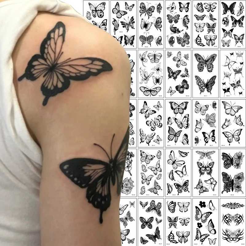 Black Butterfly Temporary Tattoo Stickers 30 pieces/set 3D Butterfly Fake Tattoo Transfer Waterproof Tattoo Leg Arm Female Body W250410