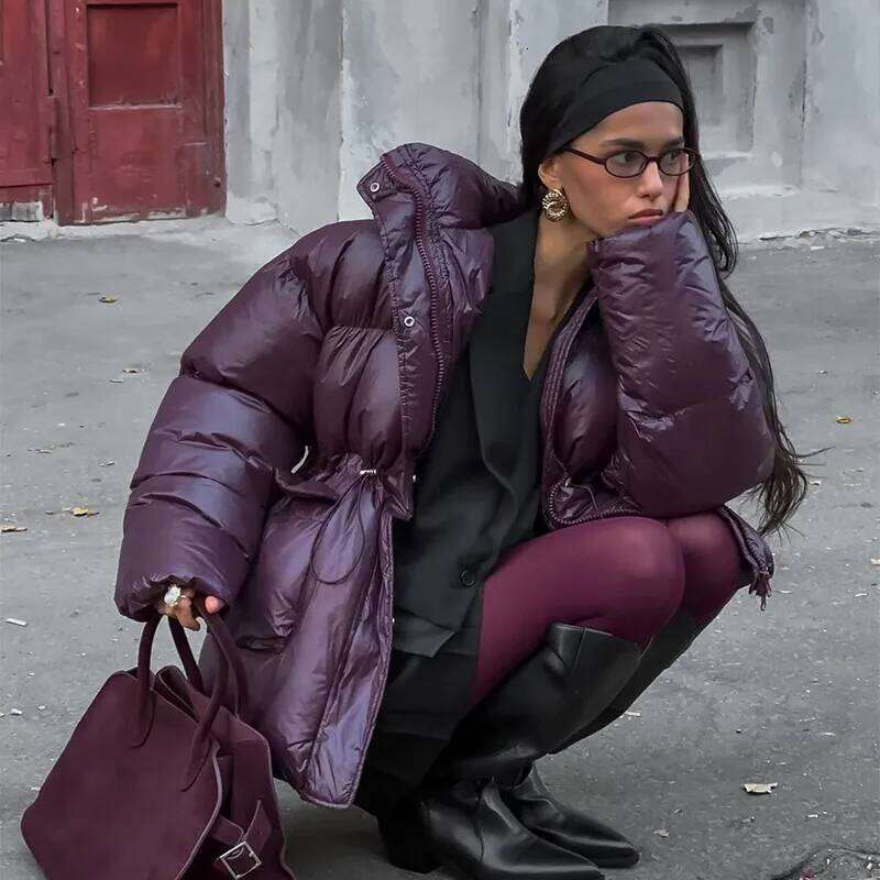 Elegant Burgundy Women Padded Cotton Jackets Stand Collar Long Sleeve Zipper Pockets Warm Coats Autumn Winter Lady Streetwear