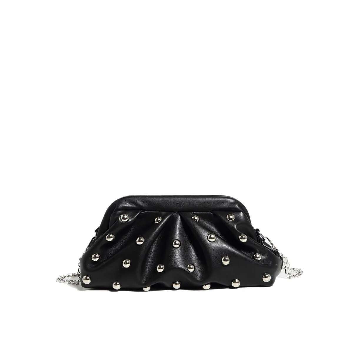 Women Black Casual Chic Vegan Leather Shoulder Bag Punk Ball Embellished Crossbody Purse Handbag With Long Strap