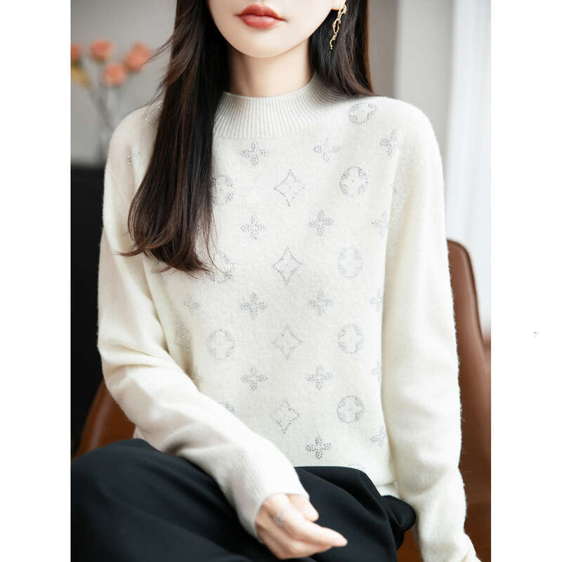 Elegant Knitted Woolen Sweater Half High Collar Slimming Women's Fine Spun Wool Diamond-Encrusted Base Shirt Comfortable Casual