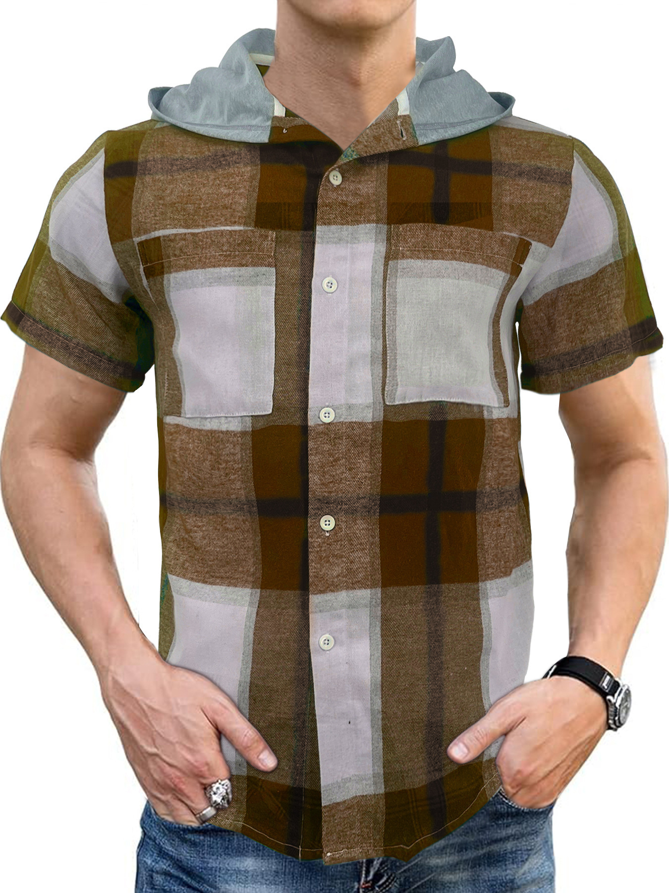 Tems new 2025 summer mens short sleeved shirt mens casual hooded checkered short sleeved shirt
