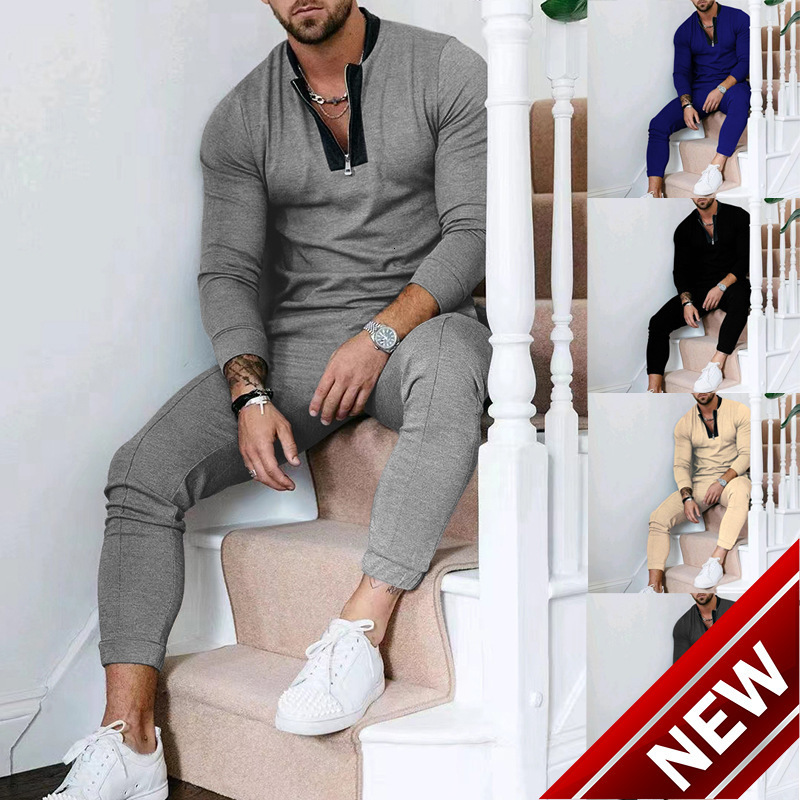2024 Mens Spring and Autumn Wear Waffle Pants Hoodie Splicing Stand up Collar Zipper Sport Set