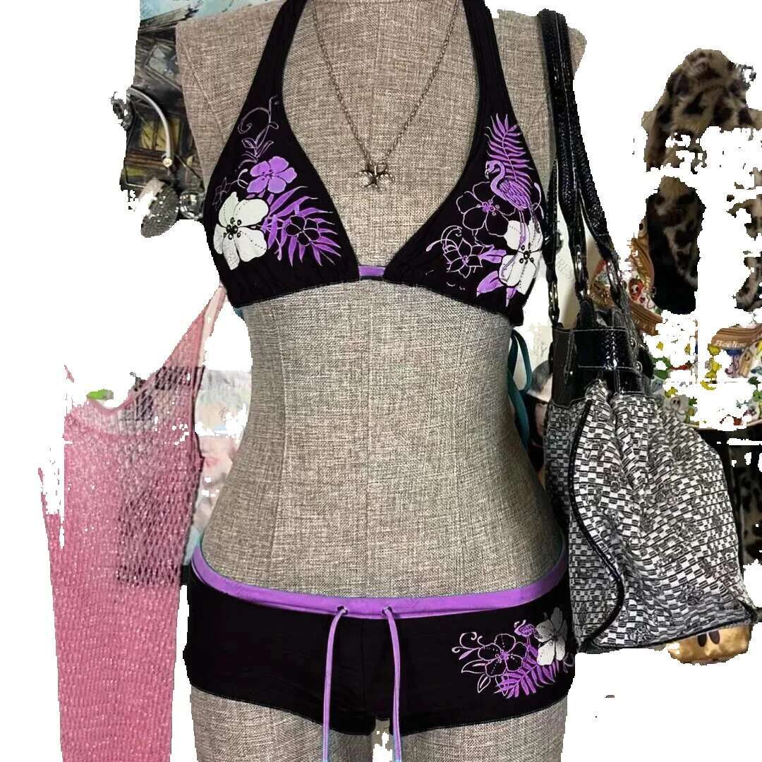 Retro floral print cute 2 sets of bikini 2000s sexy women's fashionable camisole shoulder strap swimsuit high street beach women