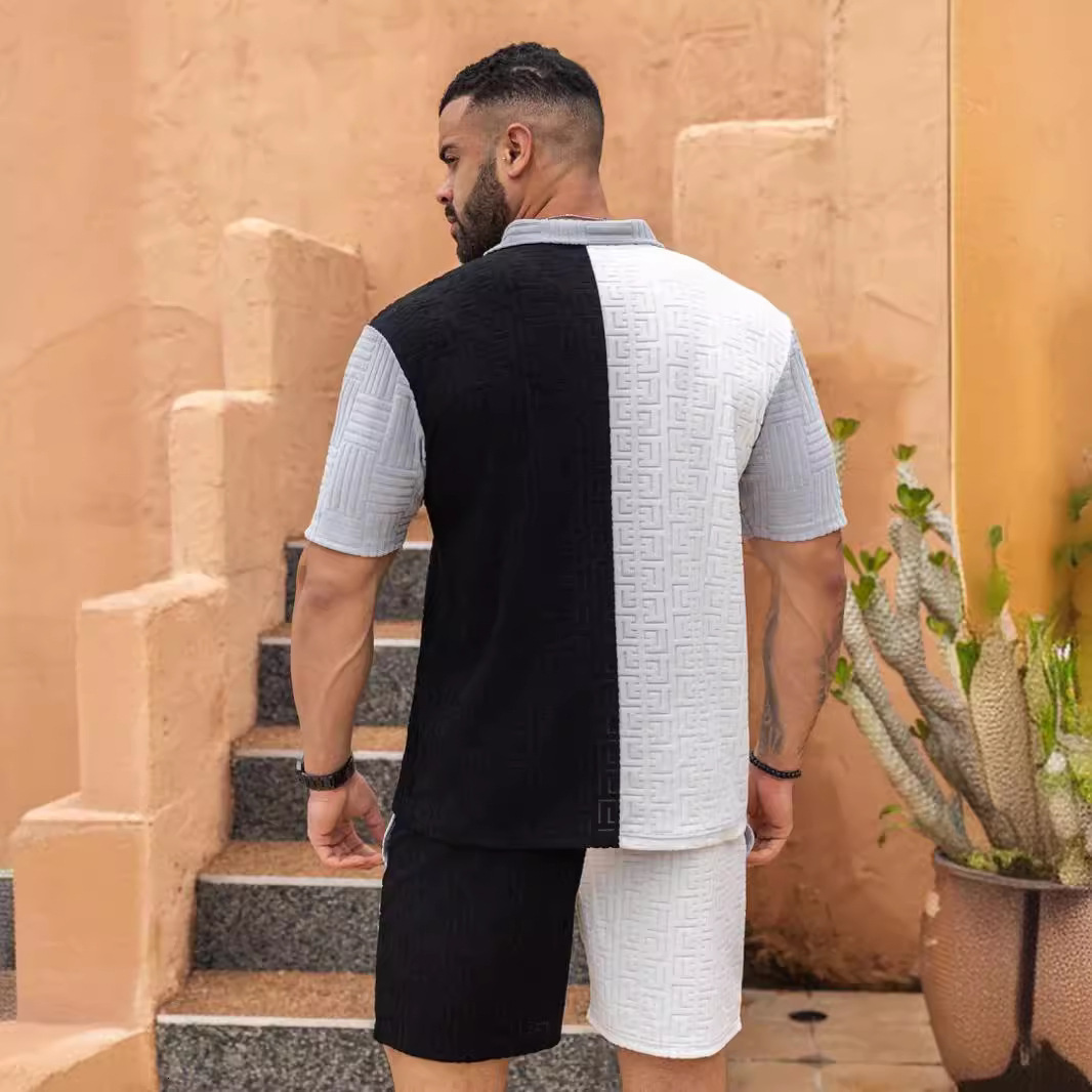 Tem 2025 Summer Mens Casual Sports Set Jacquard Knitted Shirt Mens Shorts Set Trendy