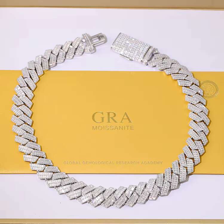 Luxury Jewelry 925 Solid Silver Gold Plated GRA Certificate 20mm Wide Baguette Moissanite Diamond Necklace Cuban Link Chain