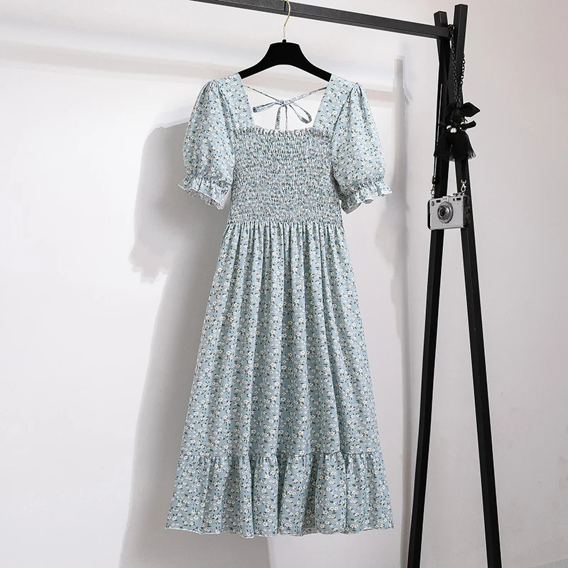 Summer pleated womens chiffon dress casual beach holiday short sleeved square neckline womens Midi dress Bohemian unprinted Vestidos 250409