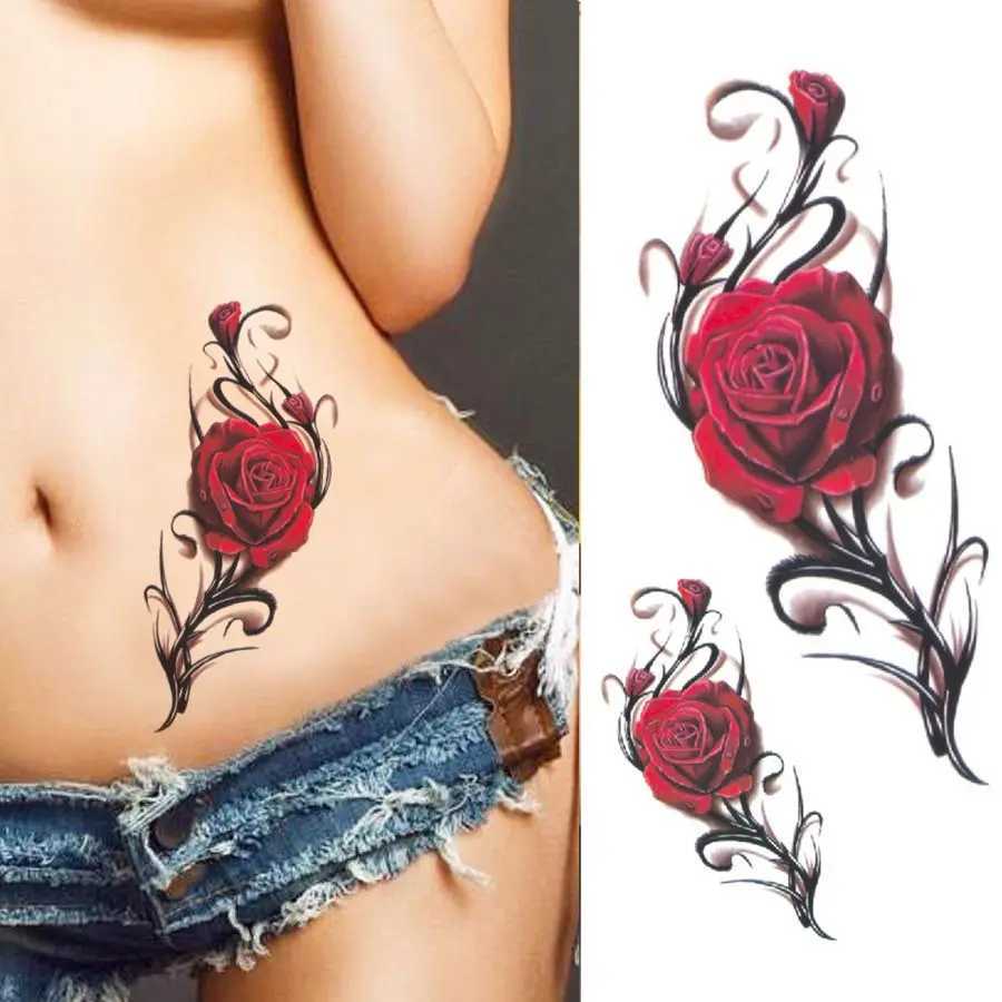 Sexy Rose Fake Tattoo Female Arm and Abdominal Flower Tattoo Waterproof Art Temporary Tattoo Stickers Durable Tattoo Stickers W250410