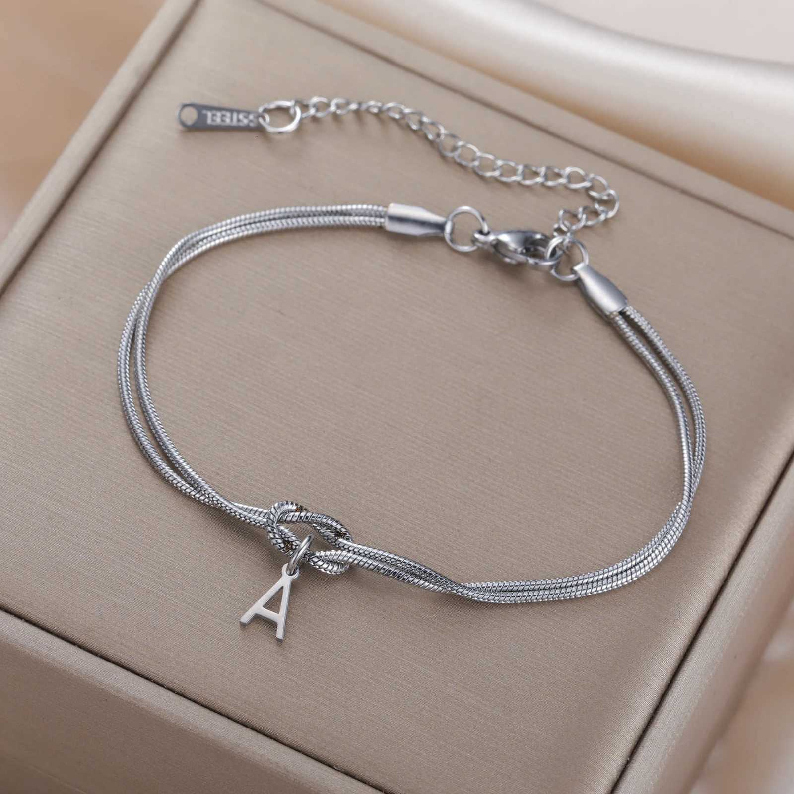 Cazador Love Knot A-Z Initial Letter Snake Chain Bracelet Stainless Steel Jewelry Bracelet for Women Couple Valentines Day GiftT251110