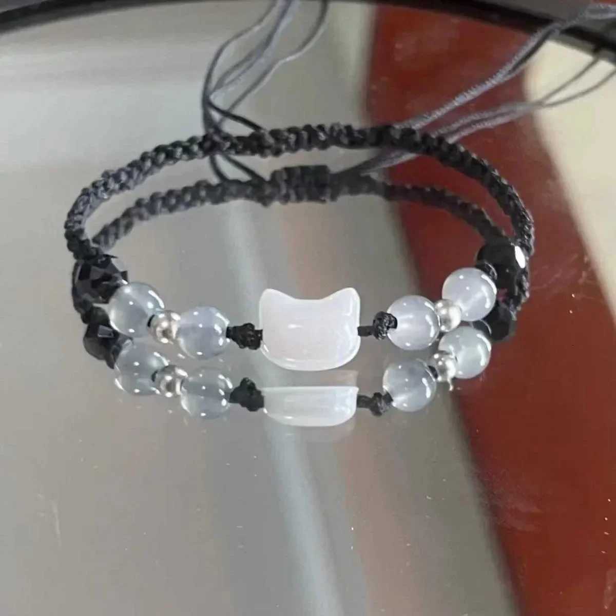 Natural Moonstone Obsidian Bracelets Couple Minimalist Bracelet Handmade Cute Black White Rabbit Cat Bracelet Party Jewelry GiftT251110