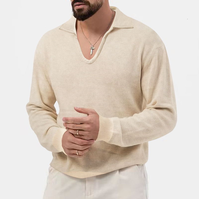 2024 autumn/winter new waffle polo shirt mens lapel loose solid color top long sleeved