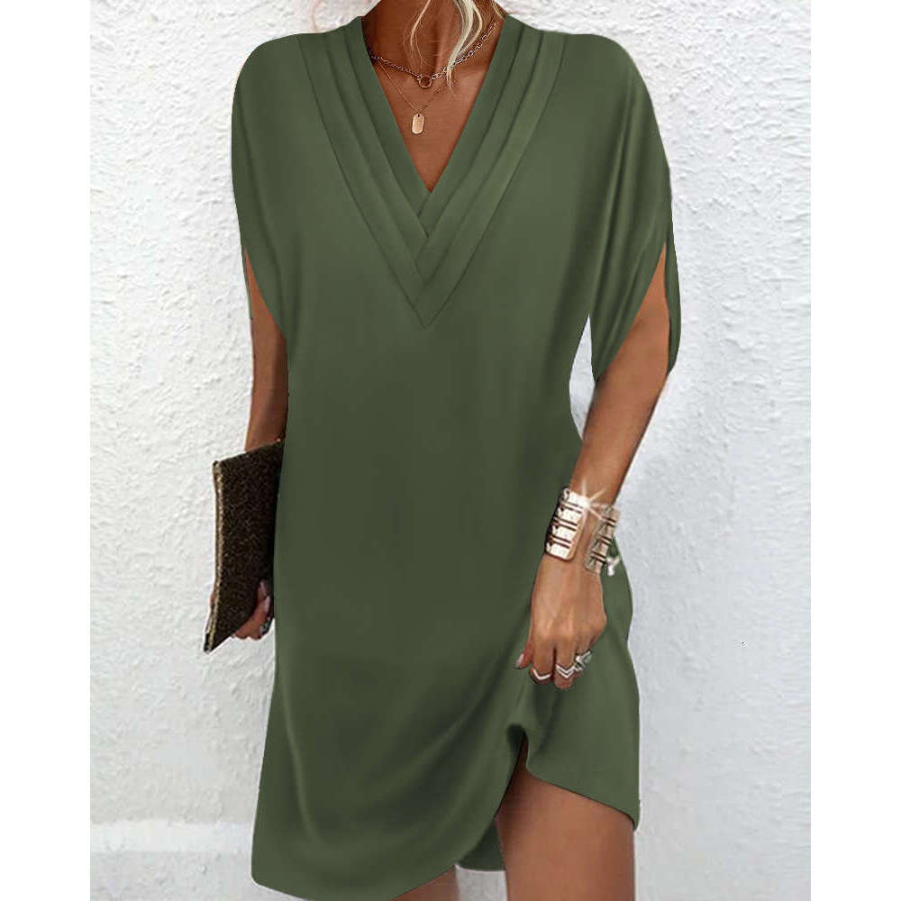 Cross-Border In-Stock 2024 European and American Amazon New Women's Spring Summer V-Neck Pleated Batwing Sleeve Dress