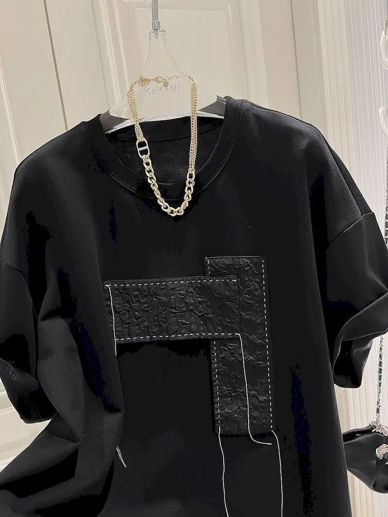 Oversized mens patchwork and decal open front short sleeved T-shirt casual loose fashionable top-notch summer trend T-shirt 250410