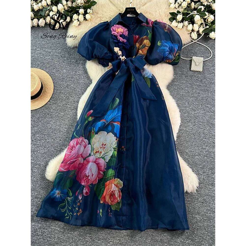 SINGREINY Original Brand 3D Floral Organza Long Female Lapel Short Sleeves High Quality French Vintage Print Maxi Dress
