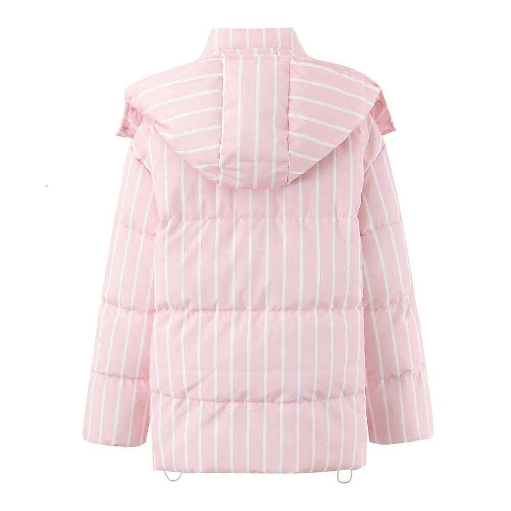 New Winter Fashion Women Pink Stripes Zip Up Bread Parka Coat For Woman Removable Hat Hooded Long Sleeve Outerwear