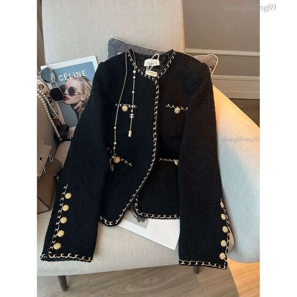 Designer Popular Beautiful Chic Short Fragrance Black Woven Gold-Rimmed Round Neck Suit Jacket Women's Winter Autumn Blazers