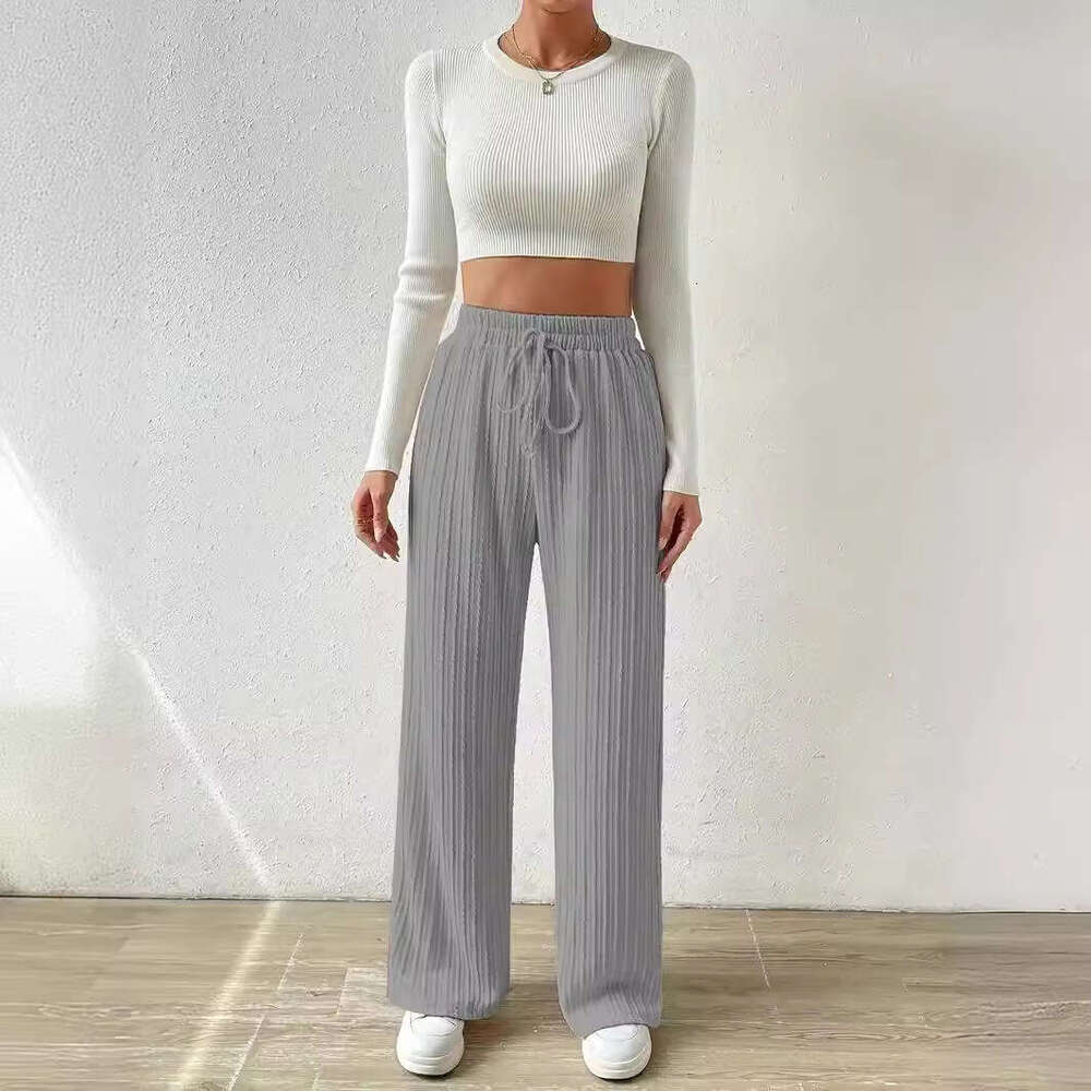 2024 New European and American Style Knitted Wide-Leg Pants with Waist Texture, Elastic High Waist, Solid Color, Casual Loose Straight-Leg Women'