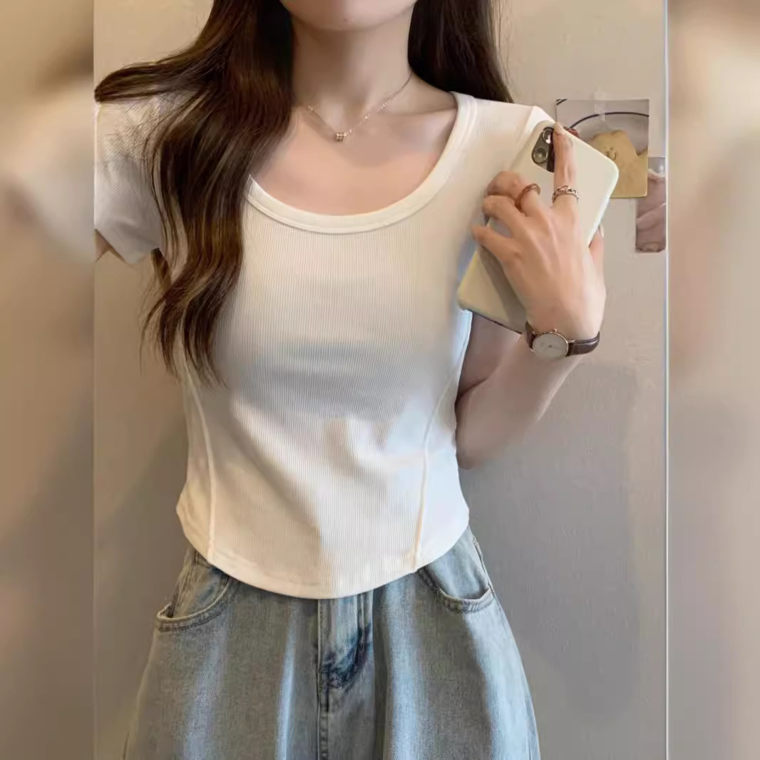 2025S Designer Women S T Shirt Irregular U Neck Short Sleeved T Shirt For Women In Summer Korean Version Slim Fit High Waisted Short Student Solid Col