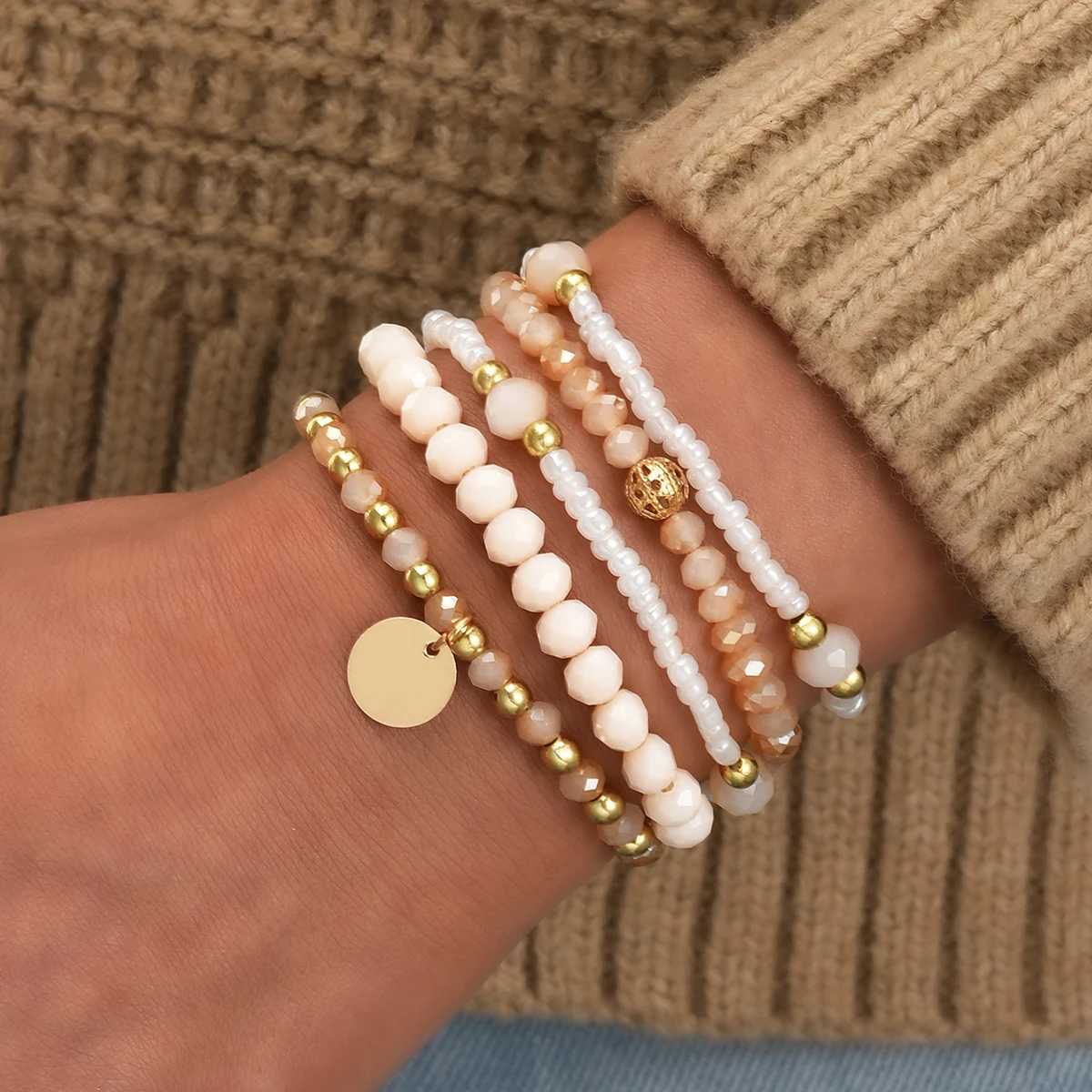 5pcs Bohemian Rice Beads Disc Bracelets for Women Simple Delicate Stacked Beaded Bracelet Fashion Jewelry Summer Beach DateT251110