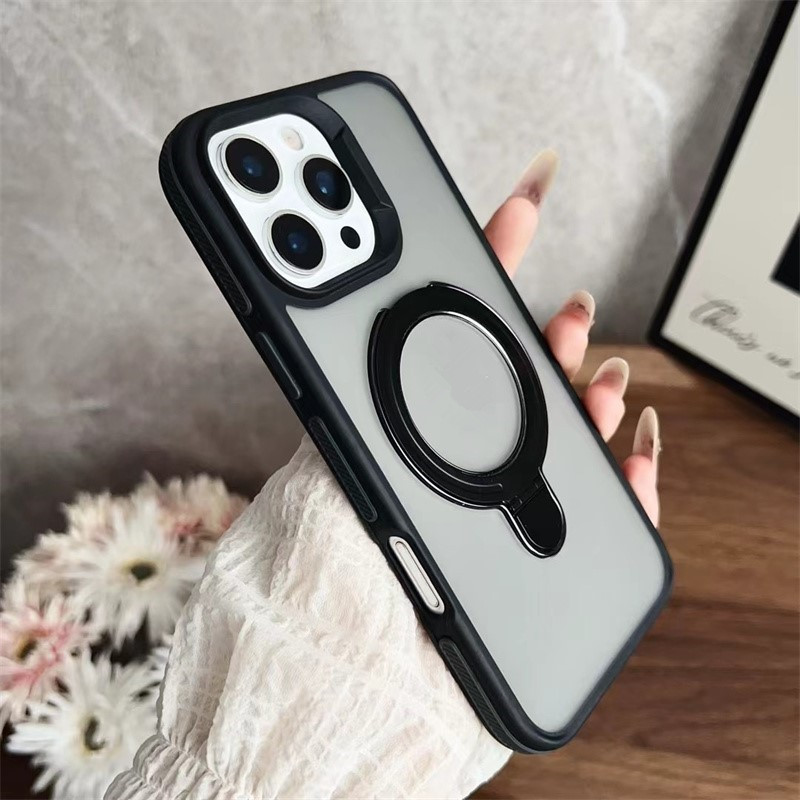 For Magsafe Magnetic Kickstand Stand Matte Case For iPhone 17 air 16 15 14 Plus 13 12 11 Pro Max Transparent Metal Wireless Charge Ring Cover