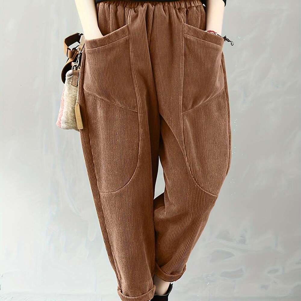 2023 TEMU Hot-Selling Autumn Winter Elastic Waist Plus Size Fashion Corduroy Loose Outer Pants for Women
