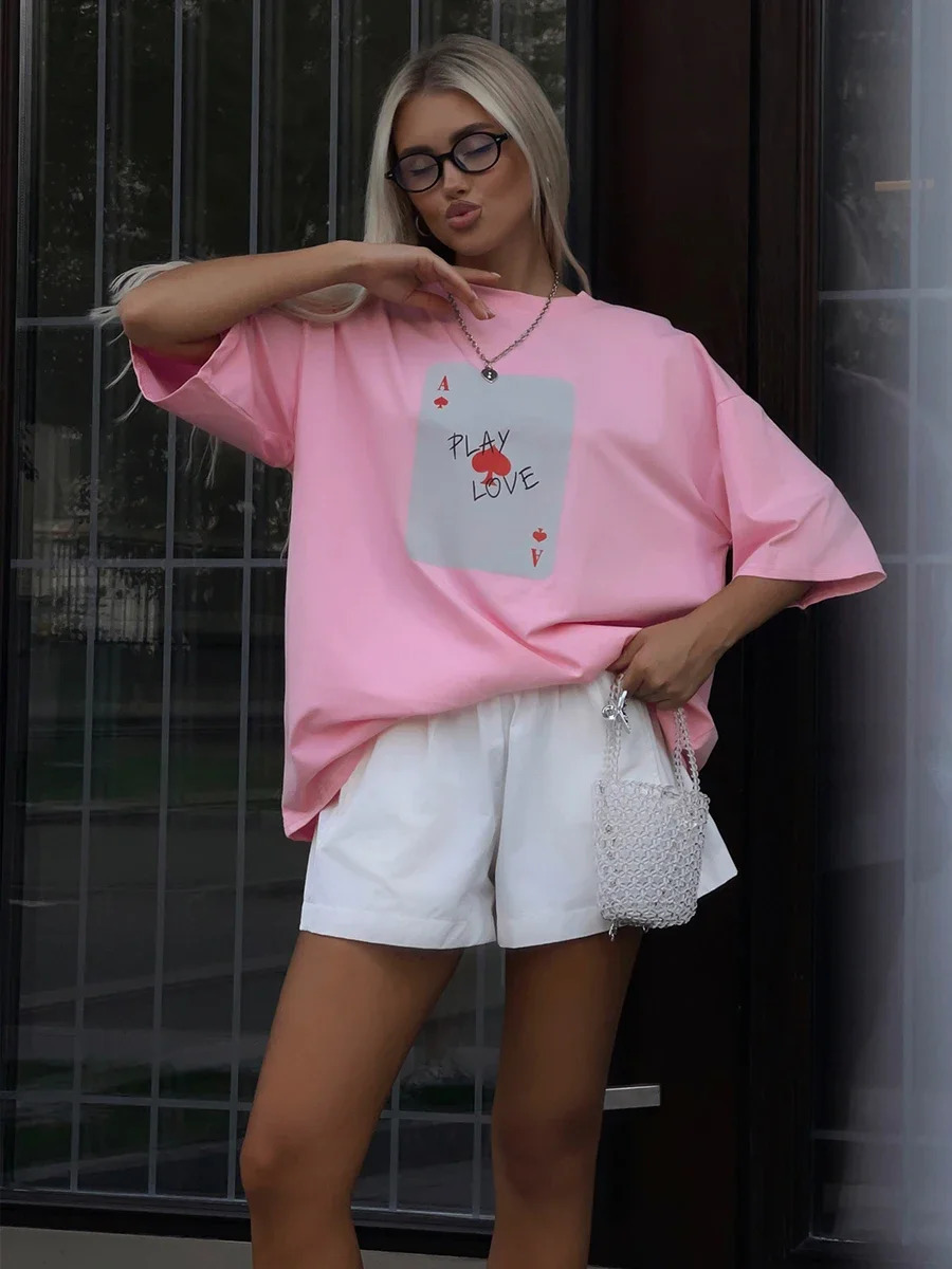 DFCF Poker Card Printed T-shirt for Women 100% Cotton Fashion O-neck Loose Short sleeved Womens Summer Casual Top 250410