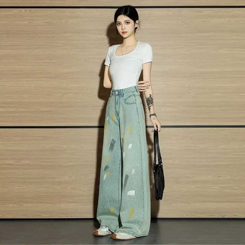 Autumn Fashion Retro Graffiti Womens Jeans Niche Personality Mop Pants High-Waisted Straight Pants Denim Jeans for Woman C251110