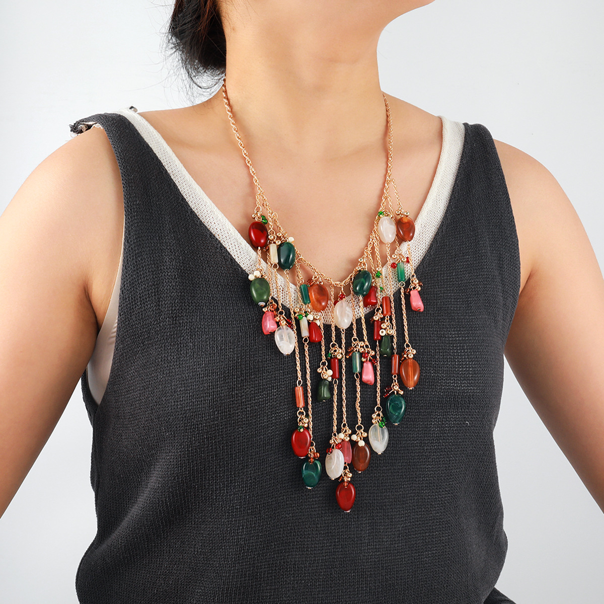 Fashionable Beach Natural Style Necklace Summer Tassel Long Necklace Woven Design Collarbone Chain