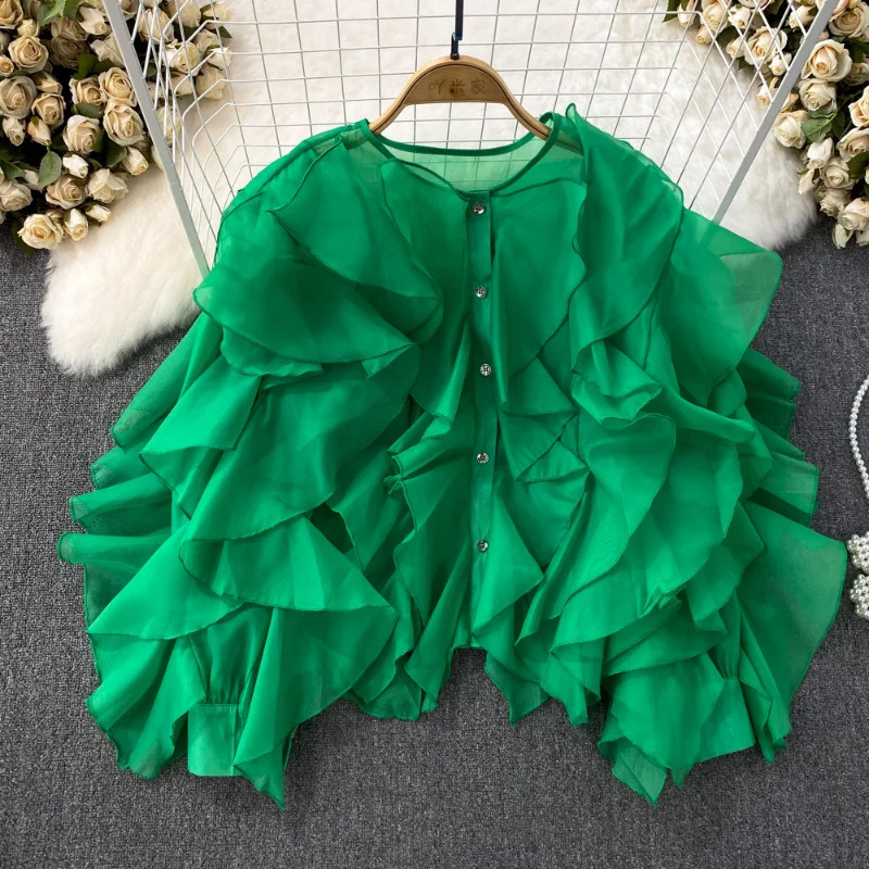 Neploe round neck irregular pleated long sleeved loose single chest shirt French sweet and gentle casual womens clothing 250410