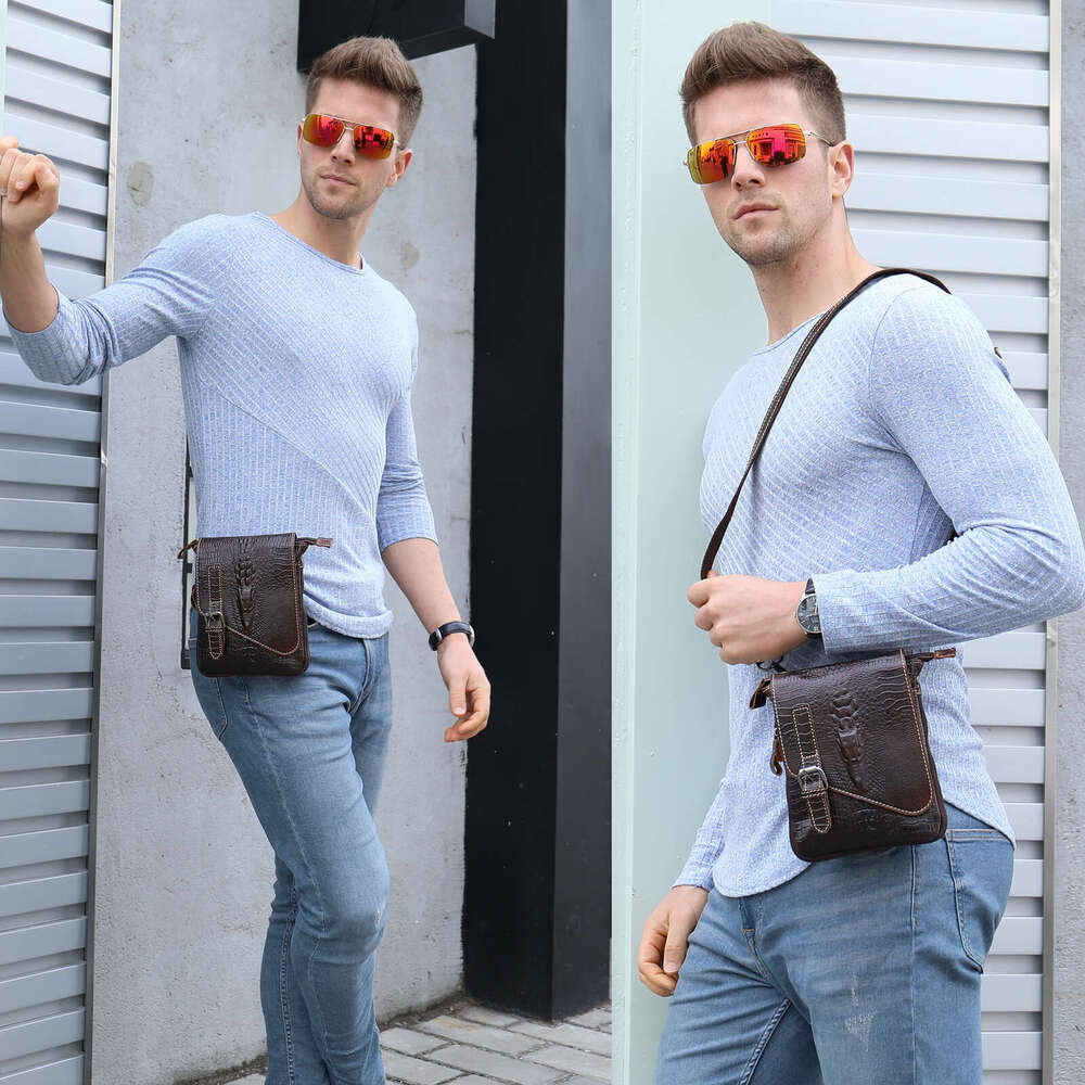 Crocodile Pattern Genuine Leather Casual Small Men S Single Shoulder Crossbody Multifunctional Belt Phone Waist Bag Trendy High Quality