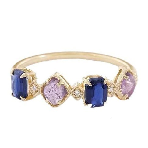 Japanese Style Fashion Ring Agete Imitation Amethyst Blue Topaz Ring For Women Gold Plated Vintage Designer Ring Light Luxury Artistic Ring