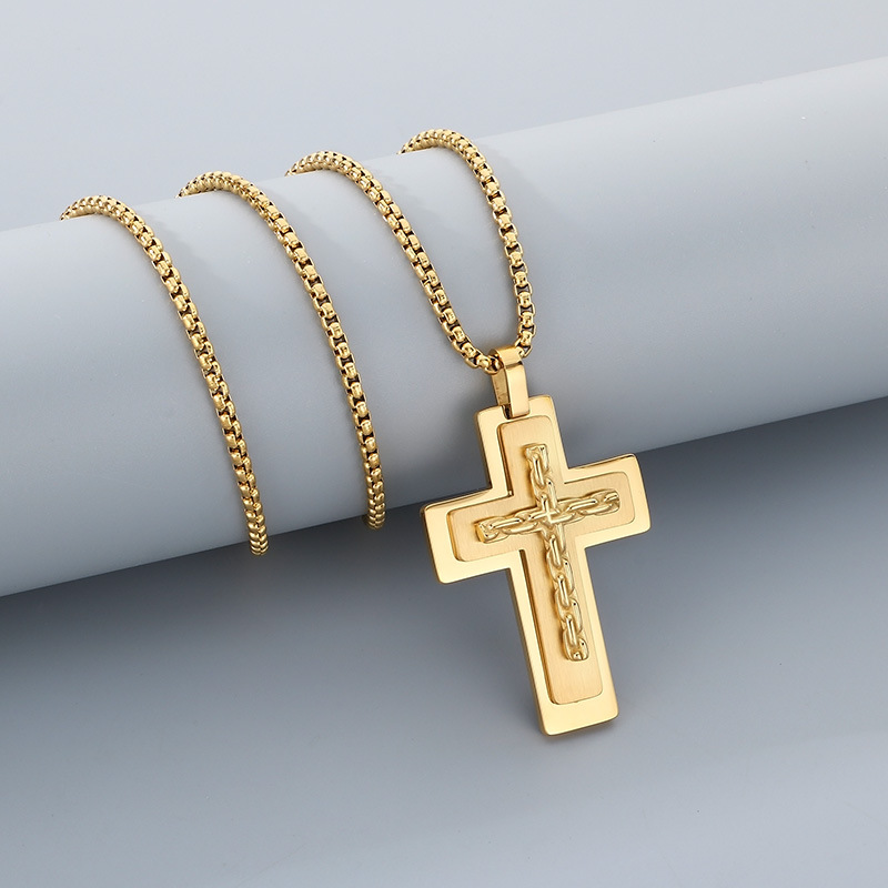Hip Hop Multi-layer Cross Pendant Necklace Stainless Steel Gold Plated Mens Jewelry