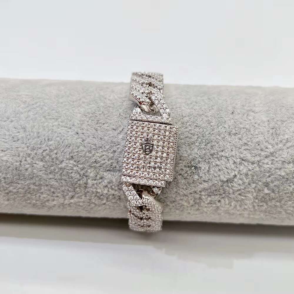 Custom Engraving Shining Jewelry Iced 13mm Rhodium Gold Plated Good Men Moissanite Cuban Bracelet
