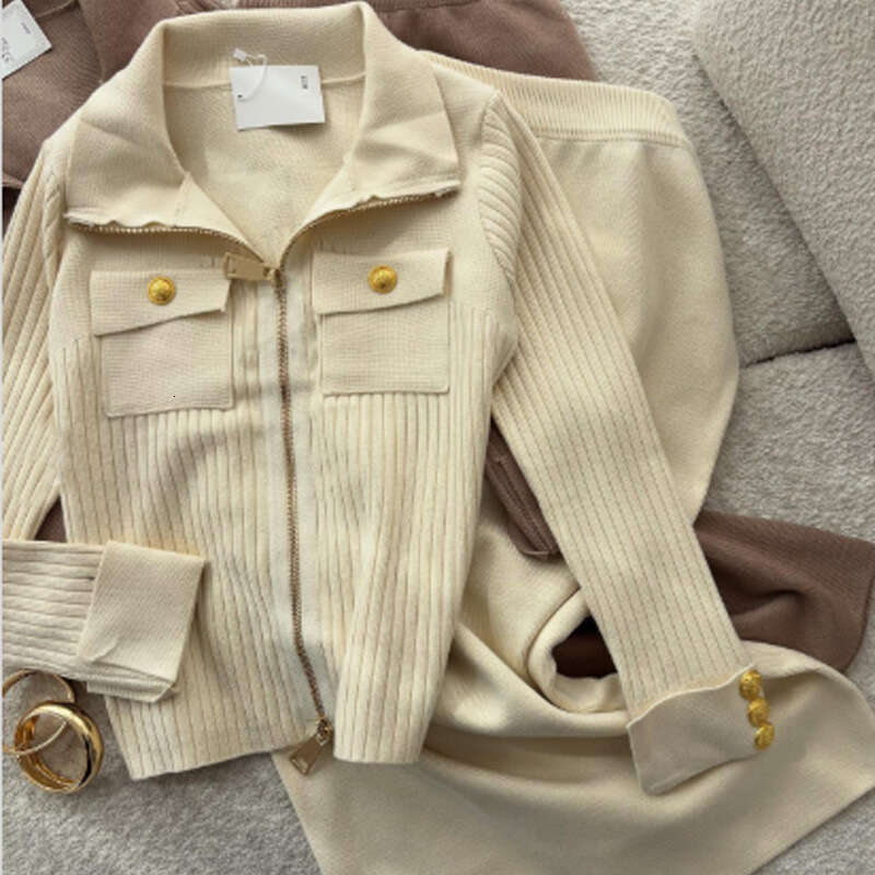 Two-Piece Set New Style Turn-Down Collar Zipper Knitted Cardigan Slimming Skirt Autumn Winter Outfit