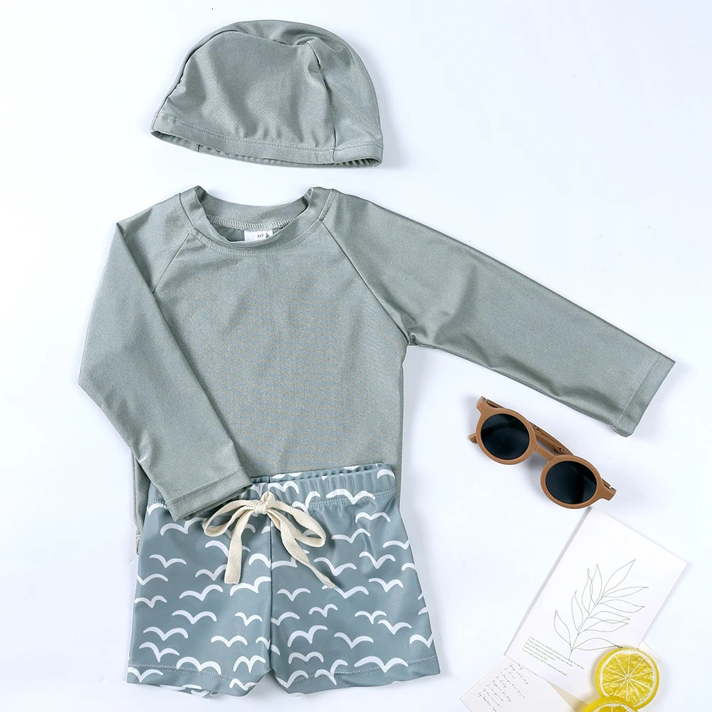 Summer Childrens Swimsuit Sun Protection Resort Beach Long Sleeve Top with Hat Childrens Surfing Swimsuit 1-7T 250403