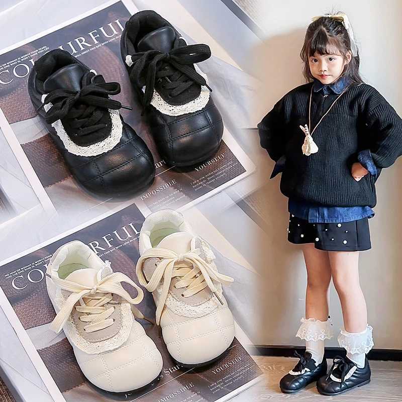 Girls Leather Shoes 1-12 Years Old Beige Lace Childrens White Shoes Four Seasons Models Black Soft Bottom Non-slip Kids SneakersT251110
