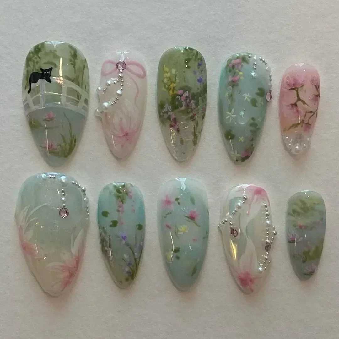 24 pieces of medium and long almond fake nails small and fresh sweet acrylic fake nails with 3D bow pearls wearable artificial nails with glue W250410