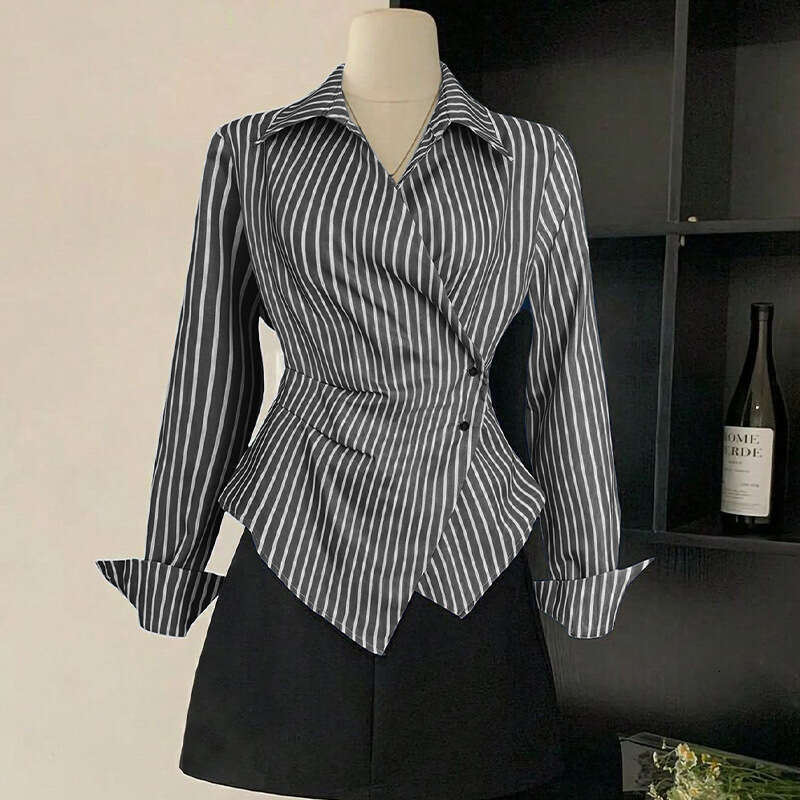 Cross-Border Foreign Trade Women's Fashion Elegant Striped 2025 Autumn New European and American Style Long Sleeve Shirt Cardigan Irregular