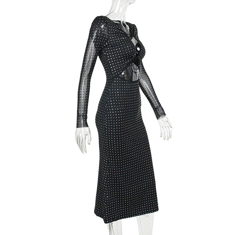 Autumn and winter sequins hollow sexy party club Maxi womens mesh long sleeved lace upper dress Vestido 250403