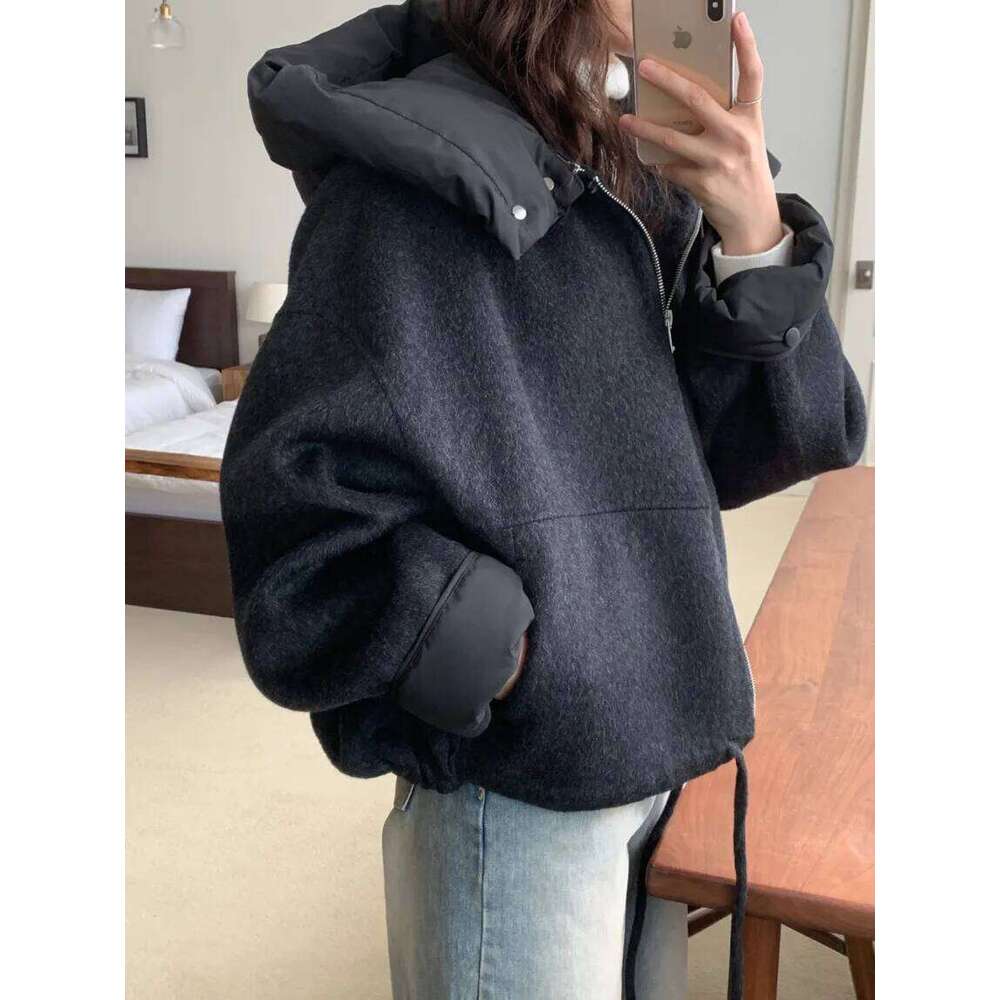 2Colors Autumn Winter Woolen Jacket Women's Casual Loose Detachable Hood Korean Style Long Sleeve Zipper Coat Female Jl3880