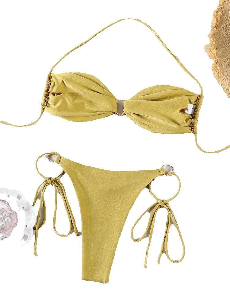 Solid color women's suspender bikini set shiny push up swimsuit beach bandage thong