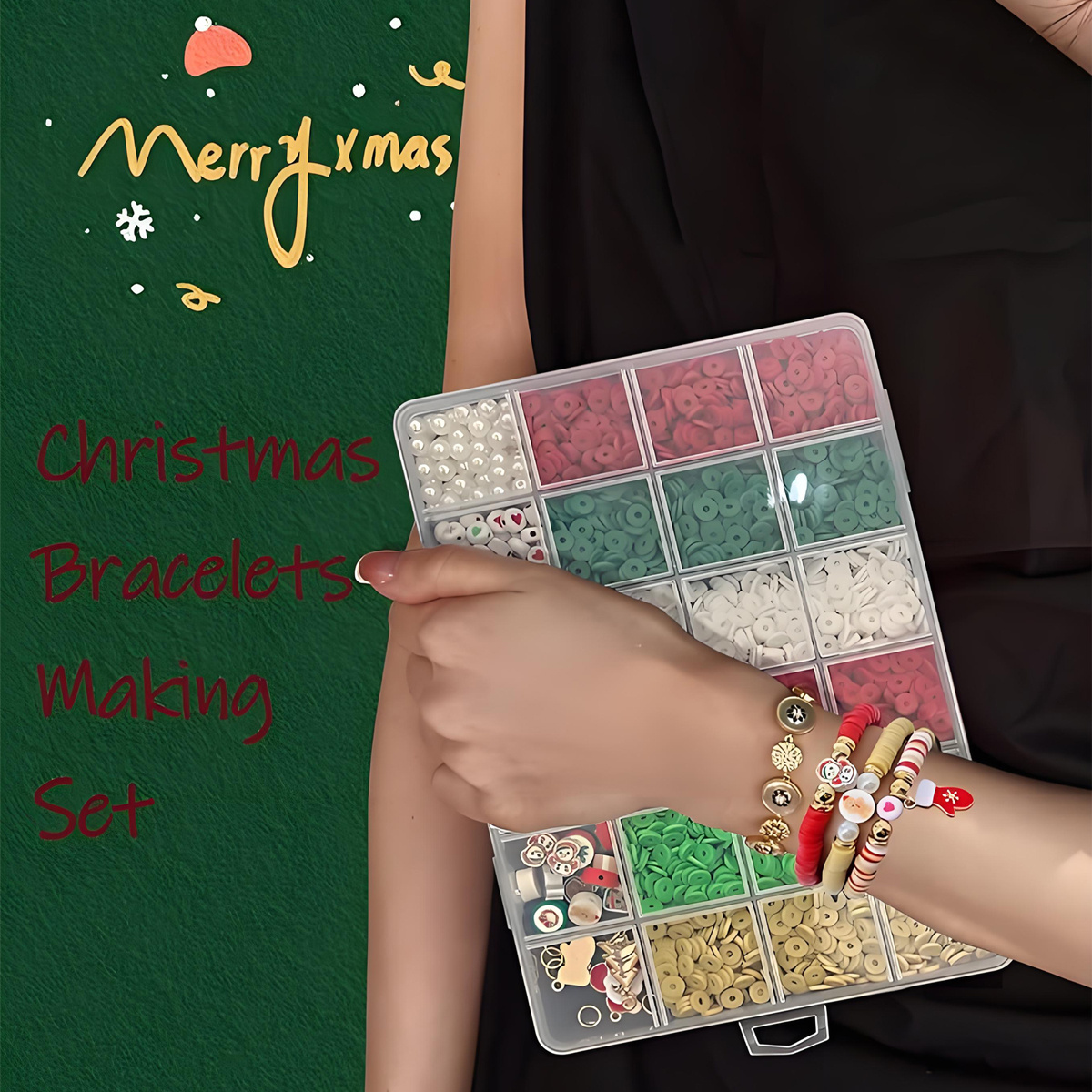 Holiday Jewelry Craft Kit - 3000+ Soft Clay Beads, Christmas Pendant & Flat Beads, Suitable for DIY Bracelets, Jewelry & Gifts