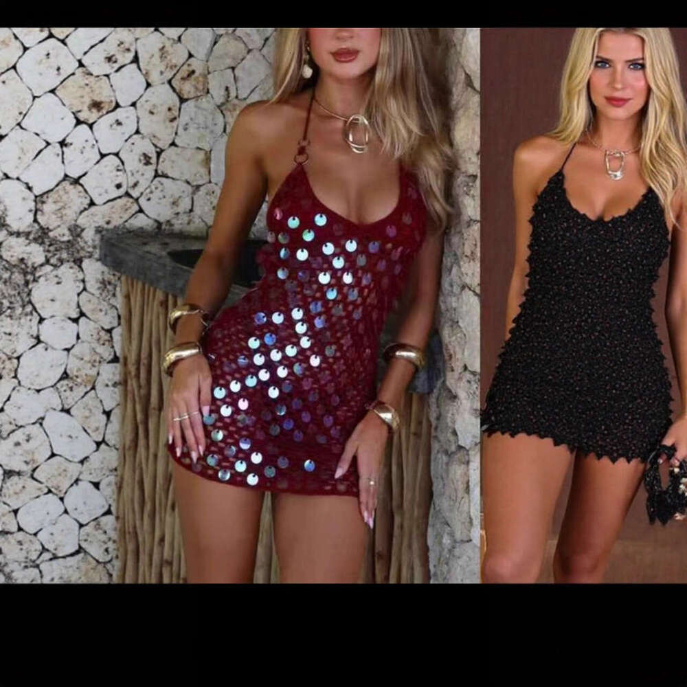 2025 Summer New Hollow Out Strap Fashion SEXY DRESSES FOR WOMEN Sequin Hot Girl Bodycon Night club maxi dress