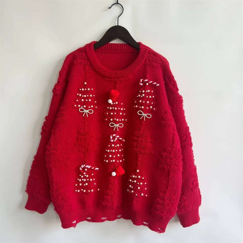 Autumn/Winter Christmas Sweater For Women Bow Nail Bead Red Knitted Pullover Tops American Fashion Jacquard New Year's Jumpers Designer Sweater W