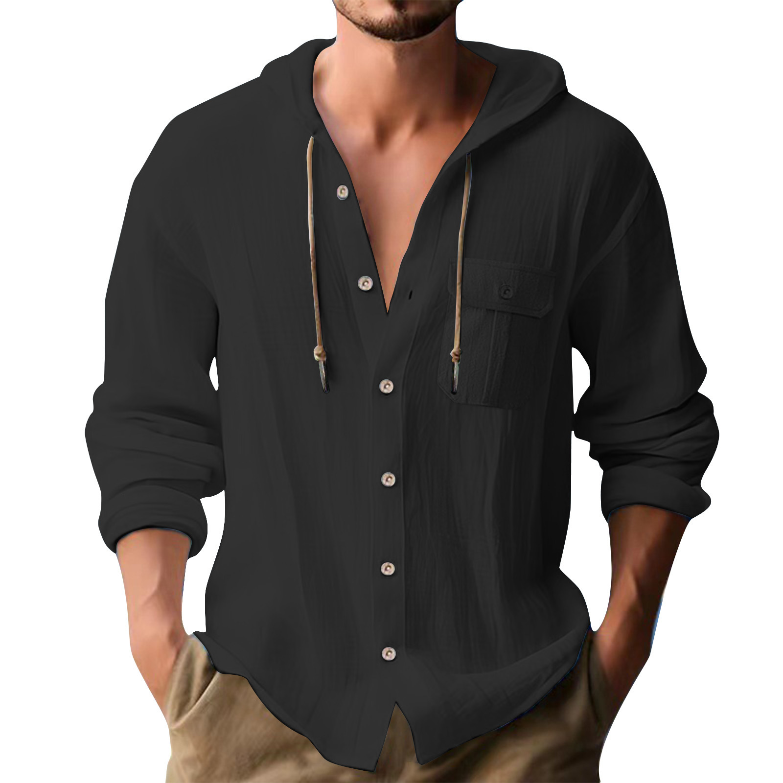Cotton and linen button three-dimensional pocket long sleeved spring and autumn mens beach casual shirt