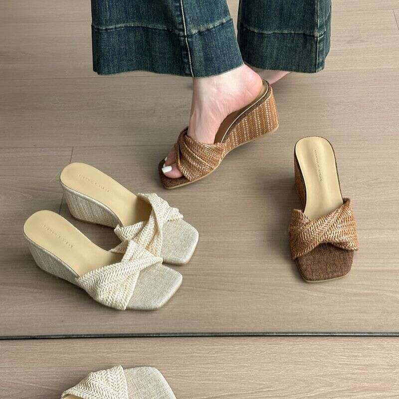 Wedge Heel Slip-On Designer Shoe Sandals Fall Woven peep toe wide heels with Skirts for Women