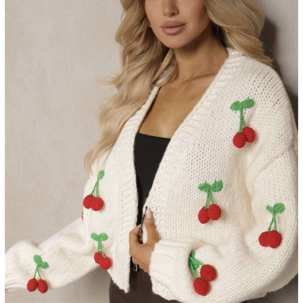 3D Cherry Pattern Women's Elegant Sweater Cardigan 2025 Autumn Winter New European and American Cross-Border Button Long Sleeve Knit